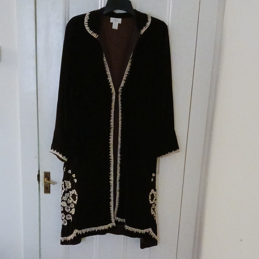 Dark Brown velvet  Embroidered Long Cardigan with ivory passementery detail